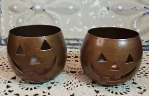 Paar Kupfer Metall Jack-O-Laterne Kürbis Kerzenhalter Teelicht Hosley USA - Bild 1 von 7