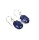 925 Solid Sterling Silver Cut Blue Simulated Sapphire Hook Earring W134
