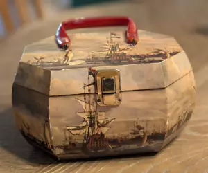 Scatola in legno tema nautico manico bachelite vintage porto di Amsterdam - Foto 1 di 12