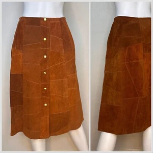 Vtg 1970s Chestnut Brown Patchwork Leather Midi Skirt Hide Away Mexico 70s Snap - Picture 1 of 7
