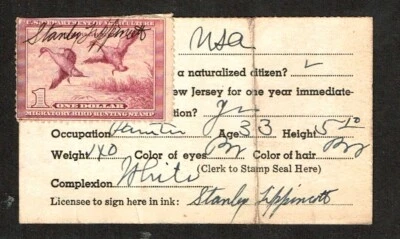 1938  U.S DUCK STAMP $1.00 Lt Vio PINTAILS ON LICENSE Sc#RW5 Scarce See Note - Image 1 of 2