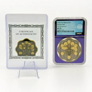 2024 Malta Maltese Bee 2oz Silver High Relief - Ruthenium Gold Gild NGC MS70 COA - Picture 1 of 6