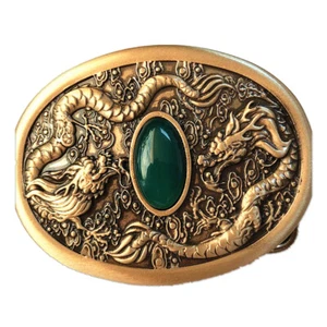 2 Dragon & Jade Solid Brass Shiny Vintage Antique Belt Buckle Western Cowboy - Picture 1 of 6