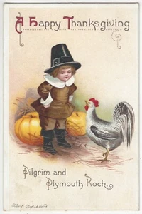 Postal de Acción de Gracias de 1913 firmada por artista Clapsaddle, niño peregrino saludo pavo - Imagen 1 de 2