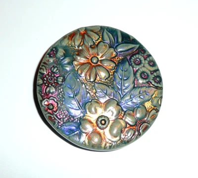Hand Painted Lrge Round Multi Clred Flower Floral Art Stone Shank Button  2-1/4" - Image 1 of 4