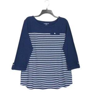Croft Barrow Top Womens L Blue White Cotton 3/4 Sleeve Buttons Stretch Nautical - Picture 1 of 12