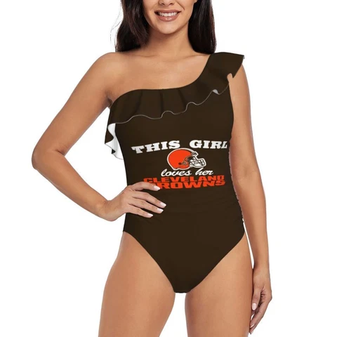 This Girl Loves Her Cleveland Browns Women's One Shoulder Ruffle Swimsuits Cover