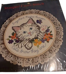 VTG 1980s Cross Stitch Kit “Cats Are Human” Funny Cat DIY Embroidery New - Picture 1 of 3