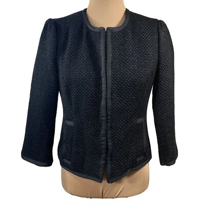 Chaqueta Mossimo Tweed Recortada Punto Negro Manga 3/4 Capucha Cierre Ojos Talla M Mediana Foto 1 de 4