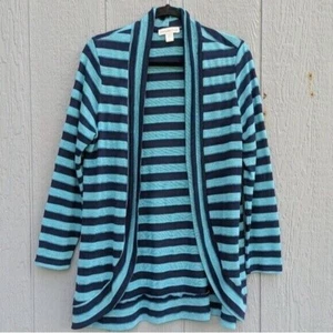 Y2K Coldwater Creek Cardigan Striped Open Front Lg Teal Blue Lightweight Preppy - Picture 1 of 9