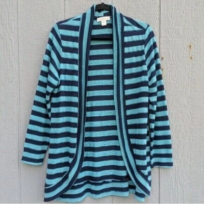 Cárdigan Y2K Coldwater Creek Rayas Frente Abierto Lg Azul Teal Ligero Preppy Foto 1 de 4