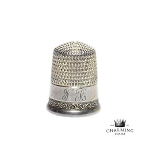 Antique Sterling Silver Size 12 Etched Sewing Thimble Hallmarked Monogrammed