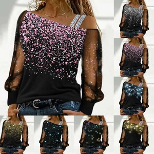 Women Casual Sequin Print Mesh Long Sleeve Cold Shoulder Loose Splice Blouse Top - Picture 1 of 17