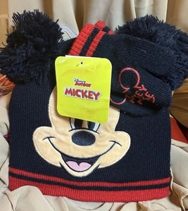 DISNEY Mickey Mouse Toddler Blk & Red Winter Hat With Tassel Ears & Mittens - Picture 1 of 7
