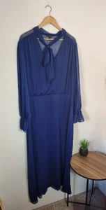 RIVER ISLAND Size 22 Navy Blue Pussybow Maxi Dress NEW BNWOT Long Sleeved - Picture 1 of 16