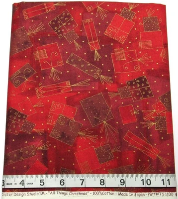 All Things Christmas Gold Accent Gifts On Red 1yd Cotton Sew Quilt Craft Fabric - Image 1 of 3