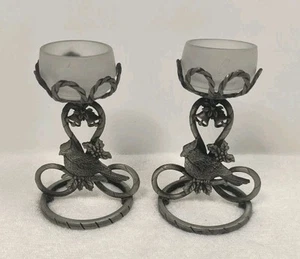 Vintage Christmas Cardinal Pewter Candle Holders with Glass Tops Made In Taiwan - Picture 1 of 15