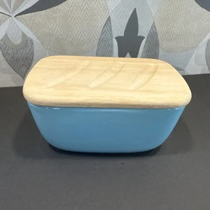 DOWAN Porcelain Butter Keeper Deep Dish Wooden Lid Container Tiffany Blue - Picture 1 of 14