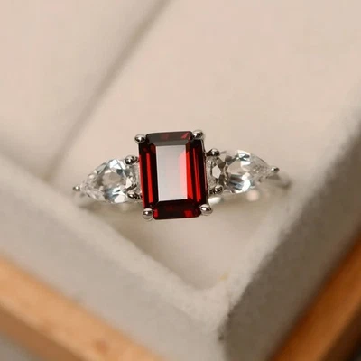 925 Sterling Silver Red Garnet Women Ring Natural Gemstone Statement Ring - Image 1 of 4
