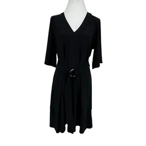 WHBM Size Large Black V-Neck Polyester/Spandex Dress w Belt & Flutter Sleeves - Picture 1 of 7