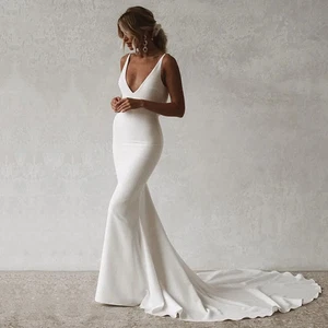 Sexy Mermaid Wedding Dress V-Neck backless Wedding Gown Simple Beach Bride Dress - Picture 1 of 11