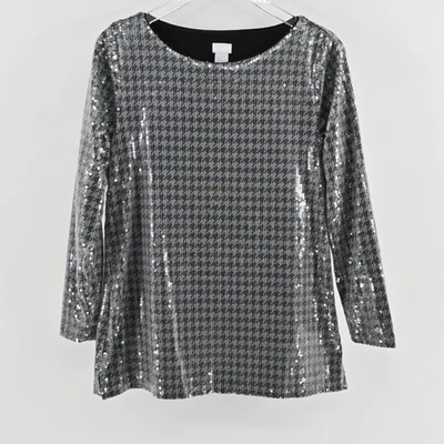 Top de mujer Chicos lentejuelas pata de gallo talla S plateado negro manga larga túnica glamurosa Foto 1 de 4