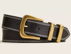 J Crew Italian leather belt Item BD072 BLACK Topstitched Brass Buckle SMALL NWT - Picture 1 of 11
