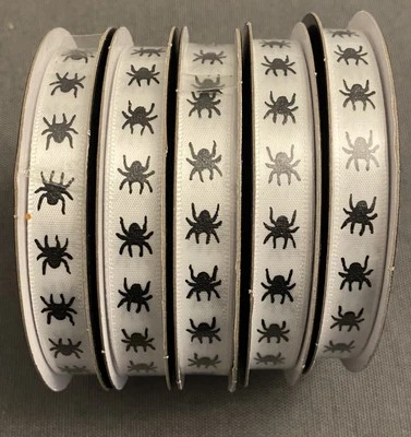 (5) LOT CELEBRATE IT RIBBON HALLOWEEN SPIDERS WHITE BLACK 3/8' X 4 YD NEW ROLLS - Image 1 of 3