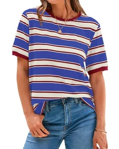 Womens Summer Tops Striped Color Block Short Sleeve T-Shirts Crewneck6721 - Picture 1 of 21