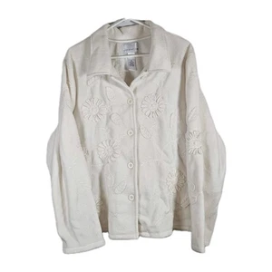 Susan Graver Style Fleece Jacket Button Up Embroidered 3D Applique Ivory Size XL - Picture 1 of 7