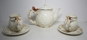 Pacific Rim Teapot Cups & Saucers Figural White Angel Figural Handles Set of 6 - Picture 1 of 14