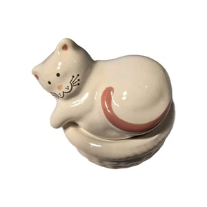 Vintage Ceramic Cat Covered Dish Trinket Box – Made in Brazil – White with Pink - Picture 1 of 6