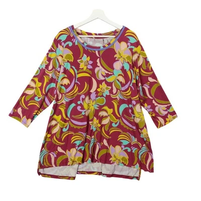 LOGO Lori Goldstein Mujer 3X Borgoña Floral Groovy Manga 3/4 Túnica Top Bolsillos Foto 1 de 4