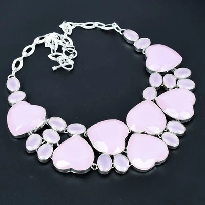 Collar de joyería de plata de ley 925 hecho a mano con piedras preciosas de cuarzo rosa 18" VJ 1219 Foto 1 de 4