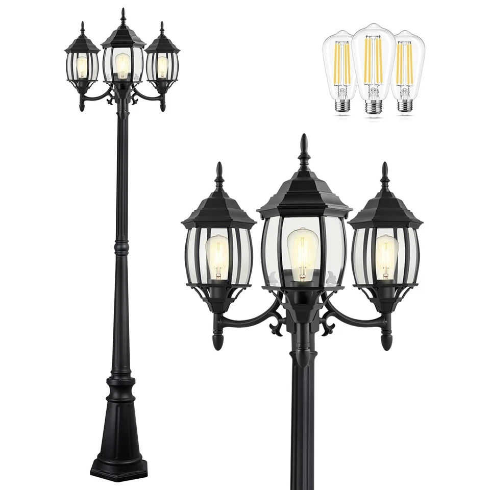 Outdoor Lamp Post Light 3 Head Classic Black Light Pole With Clear Glass Panels