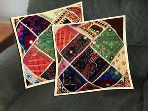 FUNDAS ALMOHADAS COJÍN PISO ESPEJO FOLCLÓRICO TRIBAL BANJARA 16"-2 HECHAS A MANO - Imagen 1 de 14