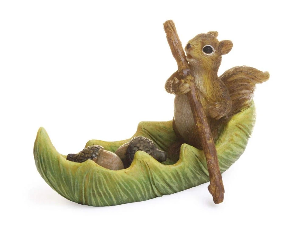 Acorn Squirrel Canoe Leaf Green 3 inch Resin Stone Collectible Figurine - Image 1 of 1