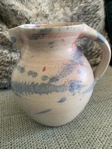 Vintage Studio Pottery Kitchen Pitcher Jug Vase Abstract Pink Blue Cream 18cm - Picture 1 of 11