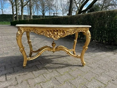 Mesa de centro estilo Luis XVI años 40 madera de haya hoja de oro mármol italiano Foto 1 de 4