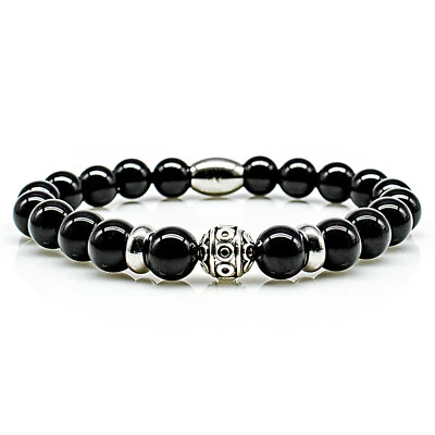 Onyx Armband Bracelet Perlenarmband Beads Kugel silber schwarz 8mm Edelstahl  - Bild 1 von 2