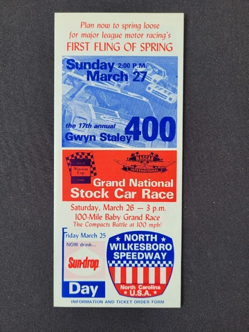 1977 NASCAR North Wilkesboro Gwyn Staley 400 Brochure/Schdule/Ticket Order Form Cover