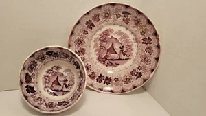 Antique circa 1890 Adams Porcelain Transferware Purple "The Pet" Cup Saucer, nsg - Picture 1 of 6