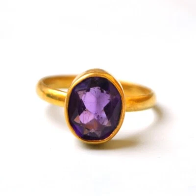 Подарочное кольцо ремесленника покрытое желтым золотом серебро 18 карат натуральный аметист размер 8 - Изображение 1 из 4