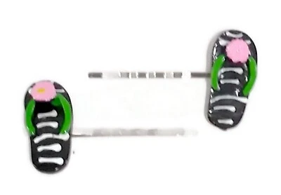 Flip Flop Shoes BLACK Handmade Bobby PIn Hair clips - Set of 2 - Image 1 of 3