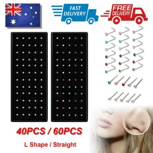 40/60x Crystal Rhinestone Nose Ring Bone Stud Stainless Steel Body Piercing Gift - Picture 1 of 14