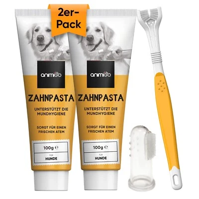 ANIMIGO Zahnpflege Set - Hund & Welpen - 100g x2 Zahnpasta - Zahnbürste & Fingerbürste