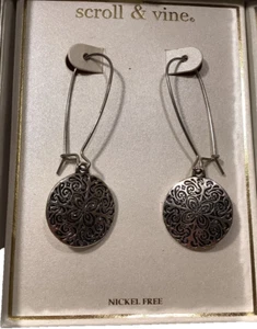 Scroll & Vine Silver Tone Scroll Leverback- Long Drop Earrings-Nickel Free NWT!! - Picture 1 of 5