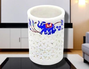 Soporte para bolígrafo de escritorio de mármol con arte de elefante semiprecioso diseño floral decoración del hogar - Imagen 1 de 4
