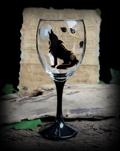 Hand Painted Witches Wine Glass Chalice Wolf Moon Wicca Pagan Altar Yule Gift - Picture 1 of 7