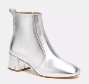 Coach Ankle Noah Bootie Sz 9.5 Silver Metallic Leather Almond Toe Amputee Left - Picture 1 of 15